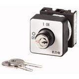 ON-OFF switches, T0, 20 A, center mounting, 2 pole, with black thumb grip and front plate, Key operated lock mechanism S-T0