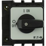 On-Off switch, P1, 40 A, centre mounting, 3 pole + N, with black thumb grip and front plate