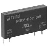 Single-phase sold state relays, miniature RSR35-48D01-60M, zero-crossing or random-on switching, load voltage 48 V AC, control input DC 60 V, rated load DC1 - 0,1 A/48 V DC.