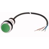 Pushbutton, classic, flat, maintained, 1 N/O, green, cable (black) with non-terminated end, 4 pole, 1 m