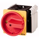 Main switch, T5, 100 A, flush mounting, 4 contact unit(s), 8-pole, Emergency switching off function, With red rotary handle and yellow locking ring, L