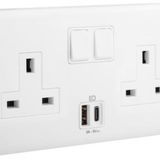 Eloe - 2 gang British Standard 13A single pole switched socket + USB A+C - White