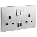 281136BA Mallia Senses 2 gang BS switched socket outlet single pole - 13A - with 3000mA A and C types USB chargers