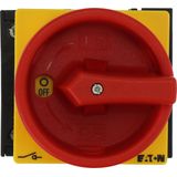 Main switch, P1, 40 A, rear mounting, 3 pole + N, 1 N/O, 1 N/C, Emergency switching off function, With red rotary handle and yellow locking ring, Lock