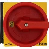 Main switch, P1, 40 A, rear mounting, 3 pole + N, Emergency switching off function, With red rotary handle and yellow locking ring, Lockable in the 0