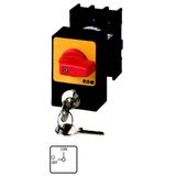 Panic switches, P1, 32 A, flush mounting, 3 pole, with red thumb grip and yellow front plate, Cylinder lock SVA