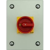 Main switch, P1, 40 A, surface mounting, 3 pole, 1 N/O, 1 N/C, Emergency switching off function, With red rotary handle and yellow locking ring, Locka