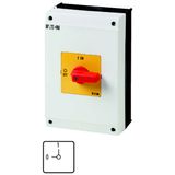 On-Off switch, P3, 63 A, surface mounting, 3 pole, Emergency switching off function, with red thumb grip and yellow front plate