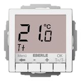 Flush-mounted thermostat as room controller, RAL9016 glossy 55x55, AC 230V, 10 A relay output 1 NO contact, white backlighting