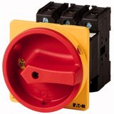 Main switch, P3, 63 A, rear mounting, 3 pole, 1 N/O, 1 N/C, Emergency switching off function, With red rotary handle and yellow locking ring, Lockable