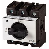 On-Off switch, P3, 100 A, service distribution board mounting, 3 pole, 1 N/O, 1 N/C, with black thumb grip and front plate