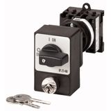 ON-OFF switches, T0, 20 A, rear mounting, 3 pole, with black thumb grip and front plate, Cylinder lock SVA