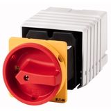 Main switch, T5, 100 A, rear mounting, 6 contact unit(s), 9-pole, 2 N/O, 1 N/C, Emergency switching off function, With red rotary handle and yellow lo