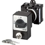 ON-OFF switches, T3, 32 A, rear mounting, 3 pole, with black thumb grip and front plate, Cylinder lock SVA