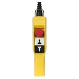 Harmony XAC, Pendant control station, plastic, yellow, pistol grip, 2 push buttons with 2 NO, 1 emergency stop NC