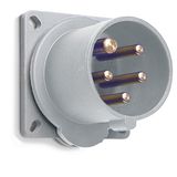 Inlet Panel Mounting, minimized flange, straight, earthing sleeve position 1h, rated current 16A, IP44 splashproof, 3-poles+neutral+earth, frequency AC, color code Grey