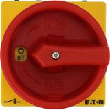 Main switch, P1, 40 A, rear mounting, 3 pole, Emergency switching off function, With red rotary handle and yellow locking ring, Lockable in the 0 (Off