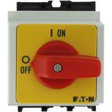 On-Off switch, P1, 40 A, service distribution board mounting, 3 pole, Emergency switching off function, with red thumb grip and yellow front plate