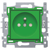 Socket outlet with pin earthing and shutters, flush-mounting depth 28.5 mm, base and finishing set, plug-in terminals, green