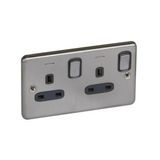 Synergy™ Authentic - 2 gang switched single pole BS socket outlet 13A + blue led power indicator Brushed Stainless steel