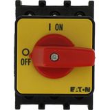 On-Off switch, P1, 40 A, flush mounting, 3 pole, Emergency switching off function, with red thumb grip and yellow front plate