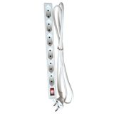 6 way EURO 2pin socket outlet, white1,4 m H05VV- F 2x1,0 cable white with 2pin shaped plugwith shutterwith switch250V/ 16A/ 2,5Amax. 1800Win polybag with label