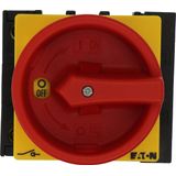 Main switch, P1, 40 A, flush mounting, 3 pole + N, 1 N/O, 1 N/C, Emergency switching off function, With red rotary handle and yellow locking ring, Loc