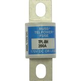 Eaton Bussmann series TPL telecommunication fuse, 170 Vdc, 225A, 100 kAIC, Non Indicating, Current-limiting, Bolted blade end X bolted blade end, Silver-plated terminal
