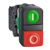 Harmony XB5, Double-headed push button, plastic, Ø22, 1 green flush marked I + 1 red projecting marked O, 1 NO + 1 NC