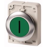 Pushbutton, RMQ-Titan, flat, maintained, green, inscribed, Front ring stainless steel