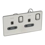 Synergy™ Sleek - 2 gang switched single pole BS socket outlet 13A + blue led power indicator Brushed Stainless steel