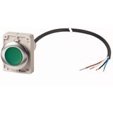 Illuminated pushbutton actuator, Flat, maintained, 1 N/O, Cable (black) with non-terminated end, 4 pole, 3.5 m, LED green, green, Blank, 24 V AC/DC, M