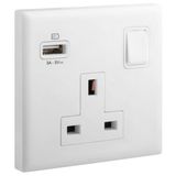 Eloe - 1 gang British Standard 13A single pole switched socket + USB A - White