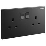 Galion - 2 gangs British Standard switched single pole socket outlet with power indicator - 13A - Matt Black