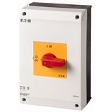 On-Off switch, P3, 63 A, surface mounting, 3 pole, Emergency switching off function, with red thumb grip and yellow front plate, UL/CSA