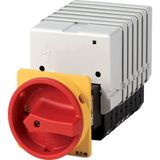 Main switch, T5, 100 A, rear mounting, 7 contact unit(s), 13-pole, Emergency switching off function, With red rotary handle and yellow locking ring