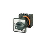 On-Off switch, T3, 32 A, centre mounting, 3 contact unit(s), 3 pole, 2 N/O, 1 N/C, with black thumb grip and front plate