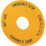 Emergency-Stop label, Yellow, black lettering, Round, 60 mm, de, en, fr, it, Front dimensions 25 × 25 mm