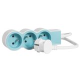 Extra-flat power strip extension equipped with 3 2P+E 16A 3680W sockets with 1.5m length cord - white and blue