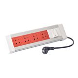 Desk unit with 3m cord and 2P+E plug equipped with 6 2P+E Surface sockets and 1 lighted switch