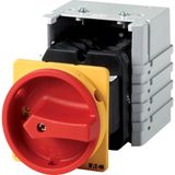 Main switch, T5B, 63 A, rear mounting, 5 contact unit(s), 10-pole, Emergency switching off function, With red rotary handle and yellow locking ring