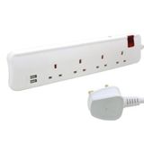 Multi Extension Sockets British Standard 4X2P+E 1 switch double pole 2XUSB type A BS plug 3M cord white/grey