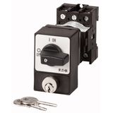 ON-OFF switches, P1, 32 A, rear mounting, 3 pole, with black thumb grip and front plate, Cylinder lock SVA