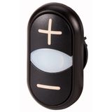 Double actuator pushbutton, RMQ-Titan, Actuators and indicator lights non-flush, momentary, White lens, black, black, inscribed, Bezel: black