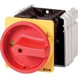 Main switch, T5, 100 A, flush mounting, 3 contact unit(s), 5-pole, Emergency switching off function, With red rotary handle and yellow locking ring