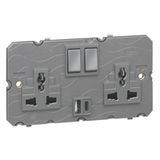 Multistandard 2x2P+E switched 2 gang socket outlet Arteor 16 A 250 V~/ 15 A - 127 V~ with USB charger - magnesium