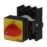 On-Off switch, P1, 40 A, center mounting, 3 pole, Emergency switching off function, with red thumb grip and yellow front plate