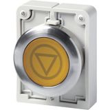 Illuminated pushbutton actuator, Flat Front (drilling dimensions 30.5 mm), Flush, momentary, yellow, inscribed, Metal bezel