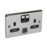 Synergy™ Authentic - 2 gang switched single pole BS socket outlet 13A + USB chargers Type A&C - Polished Stainless steel