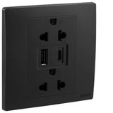 Mallia Senses - 1 gang EURO/US socket outlet - 16A - 2 x 2 Poles + Earth - with 3000mA A and C types USB chargers - Matt Black